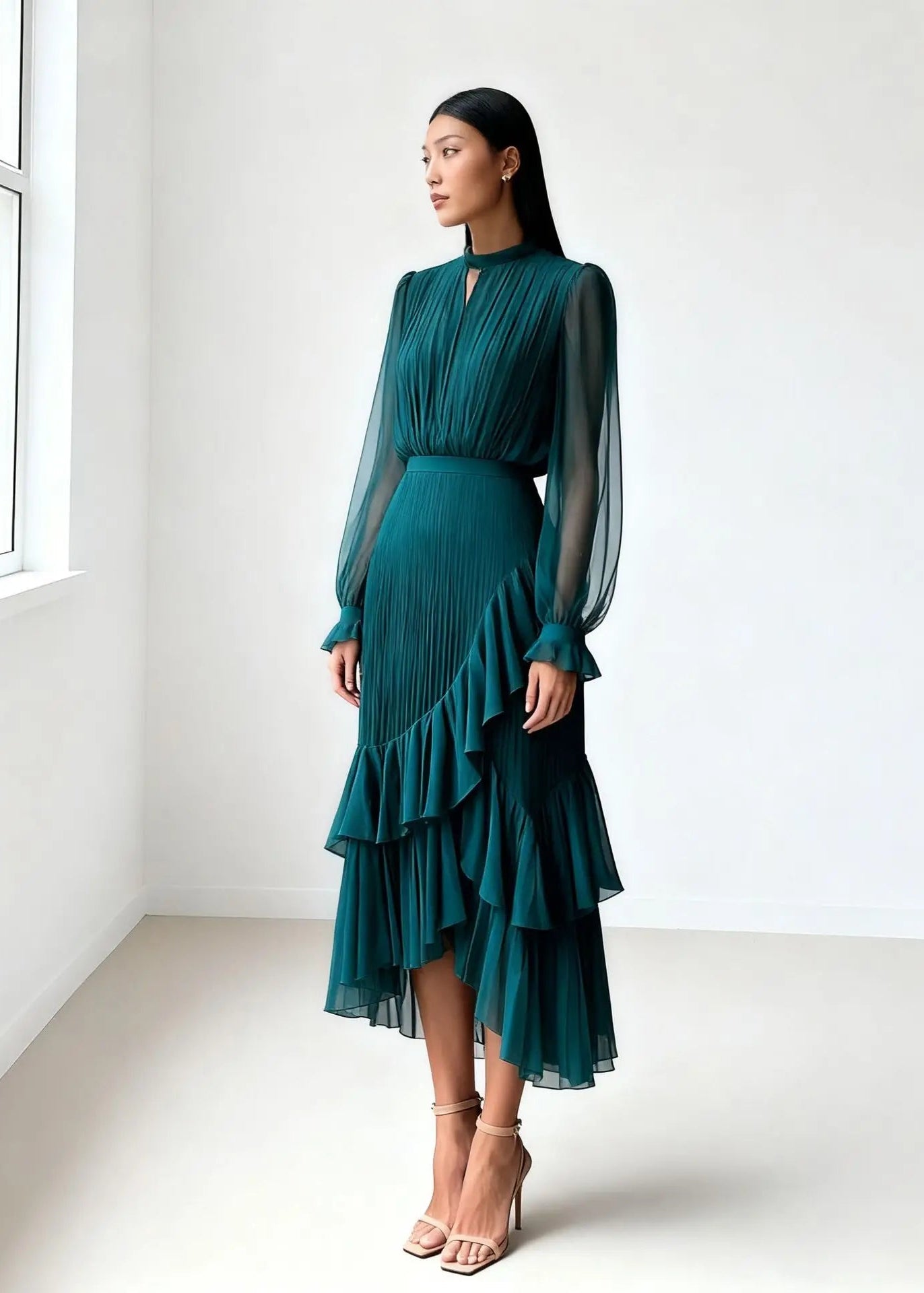 Aurora Vestido Midi Plisado Con Volantes
