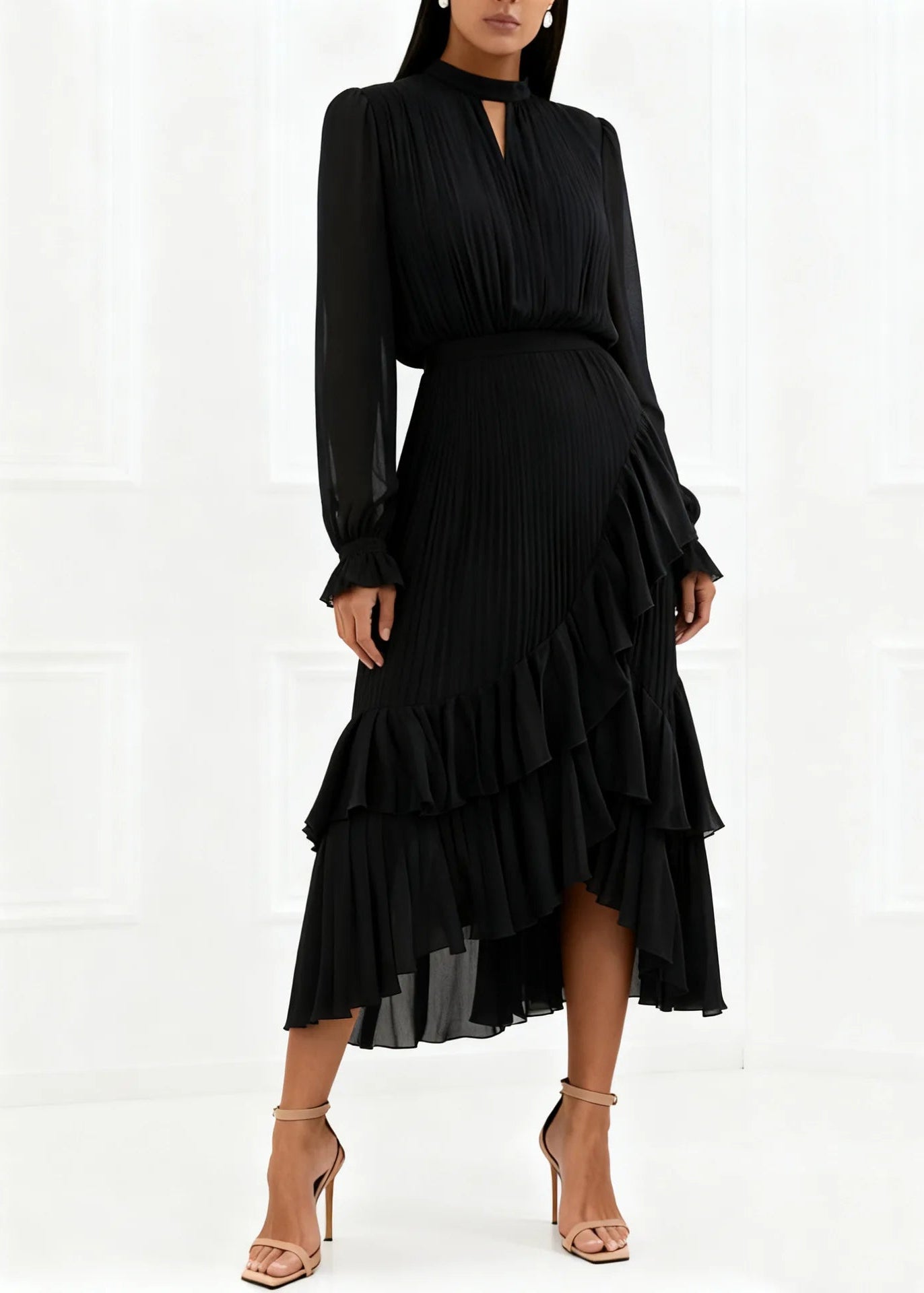 Aurora Vestido Midi Plisado Con Volantes