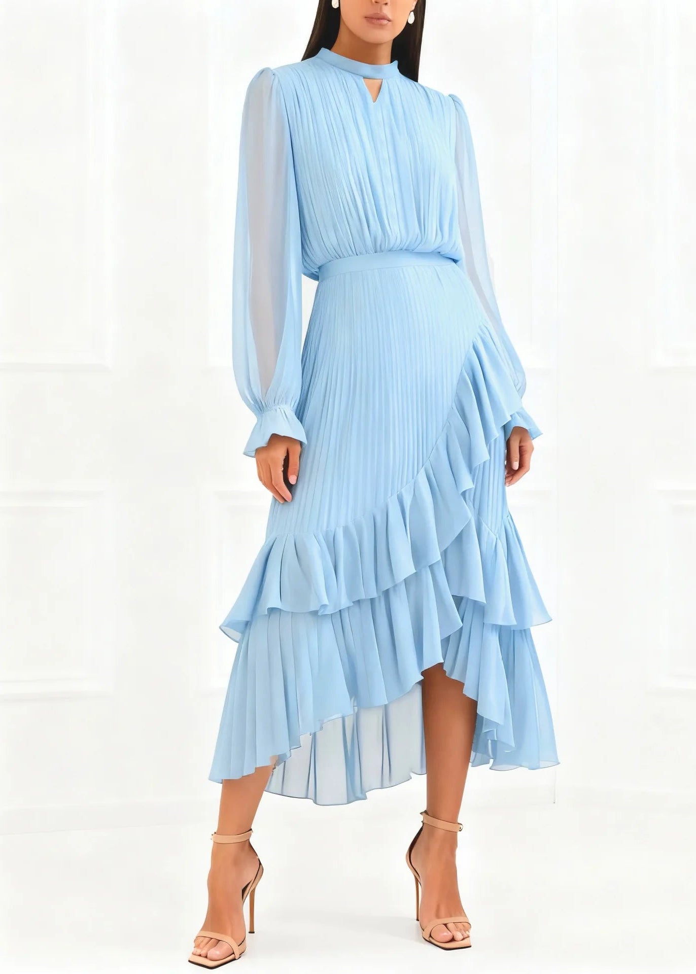 Aurora Vestido Midi Plisado Con Volantes